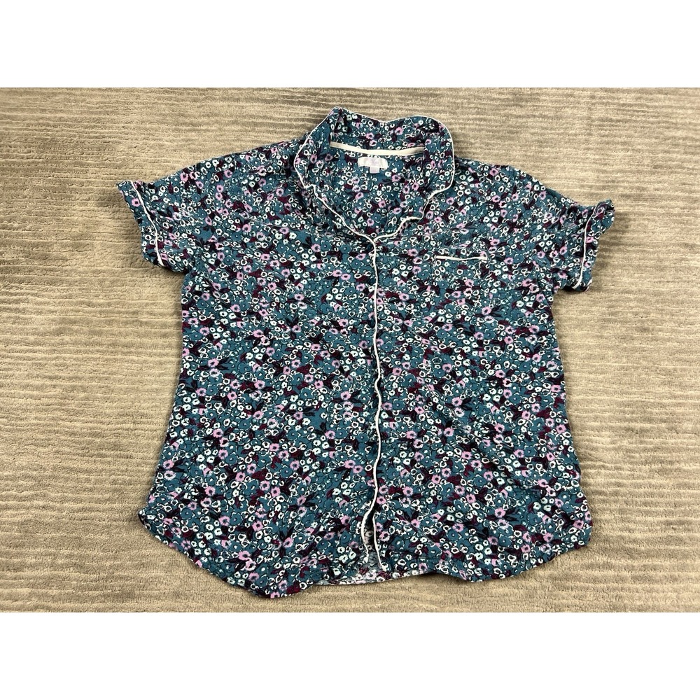Secret Treasures Pajama‎ Top Womens Large Blue Floral Button Up Short Sleeve
